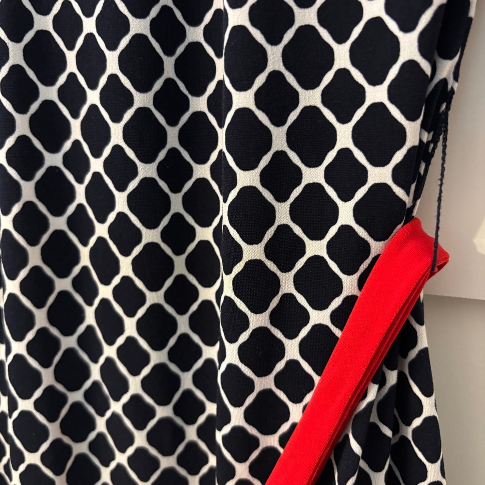 Navy White Geometric Print Sheath Dress Red Trim 4P Feminine Parisian Chic Retro - Picture 6 of 12